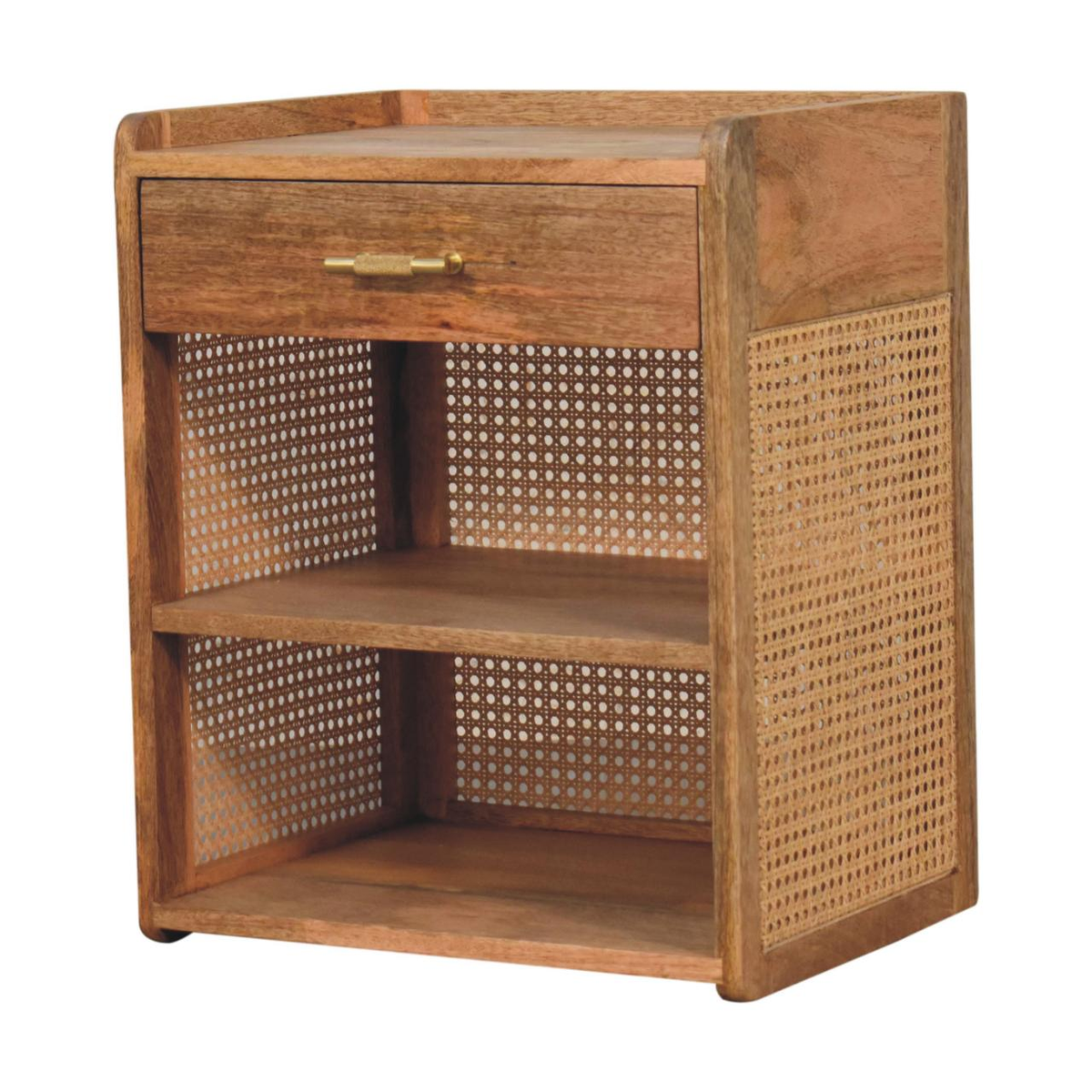 Artisan Furniture Solid Wood Larissa T-Bar Bedside Table with 1 Drawer & 2 Open Slots – Beige