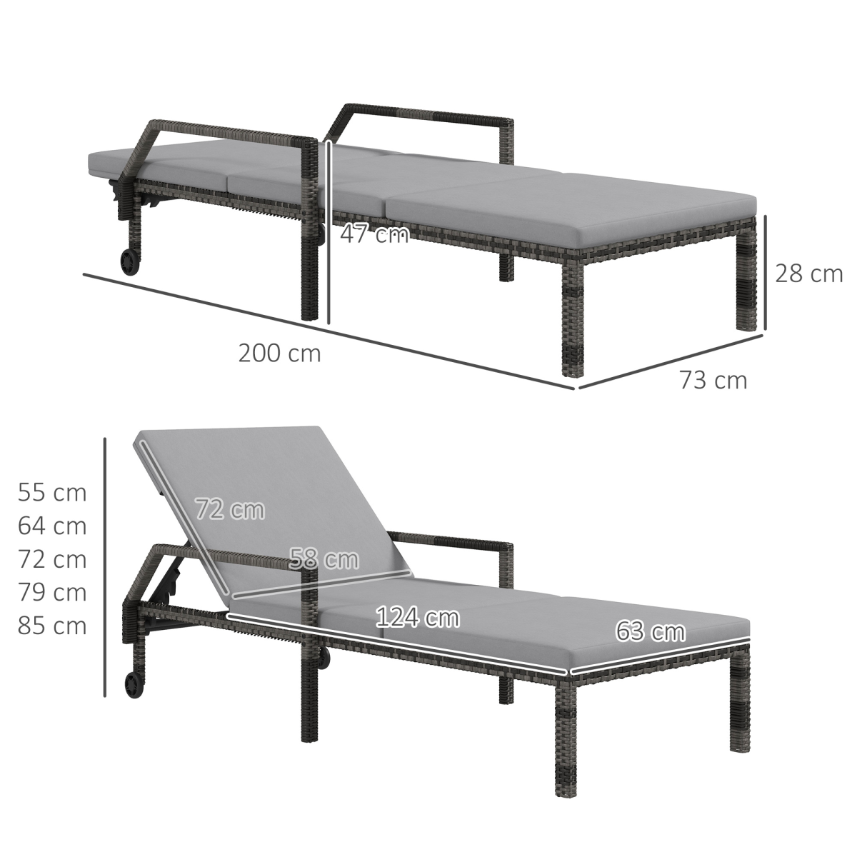 Outsunny PE Rattan Chaise Sun Lounger with 5-Level Adjustable Backrest, Cushion & Wheels – Garden Lounger, Grey