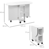 HOMCOM Folding Drop Leaf Dining Table with 2-Tier Shelves and Wheels – Space-Saving Kitchen Table, White