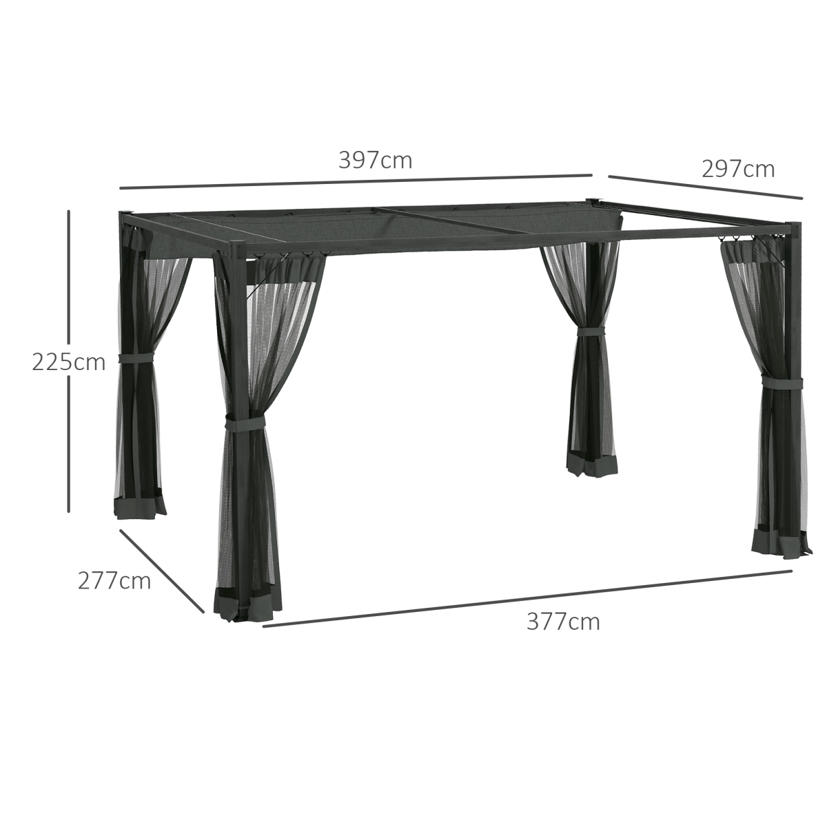 Outsunny 3 x 4m Retractable Pergola with Net Curtains & Aluminium Frame – Garden Shelter, Dark Grey