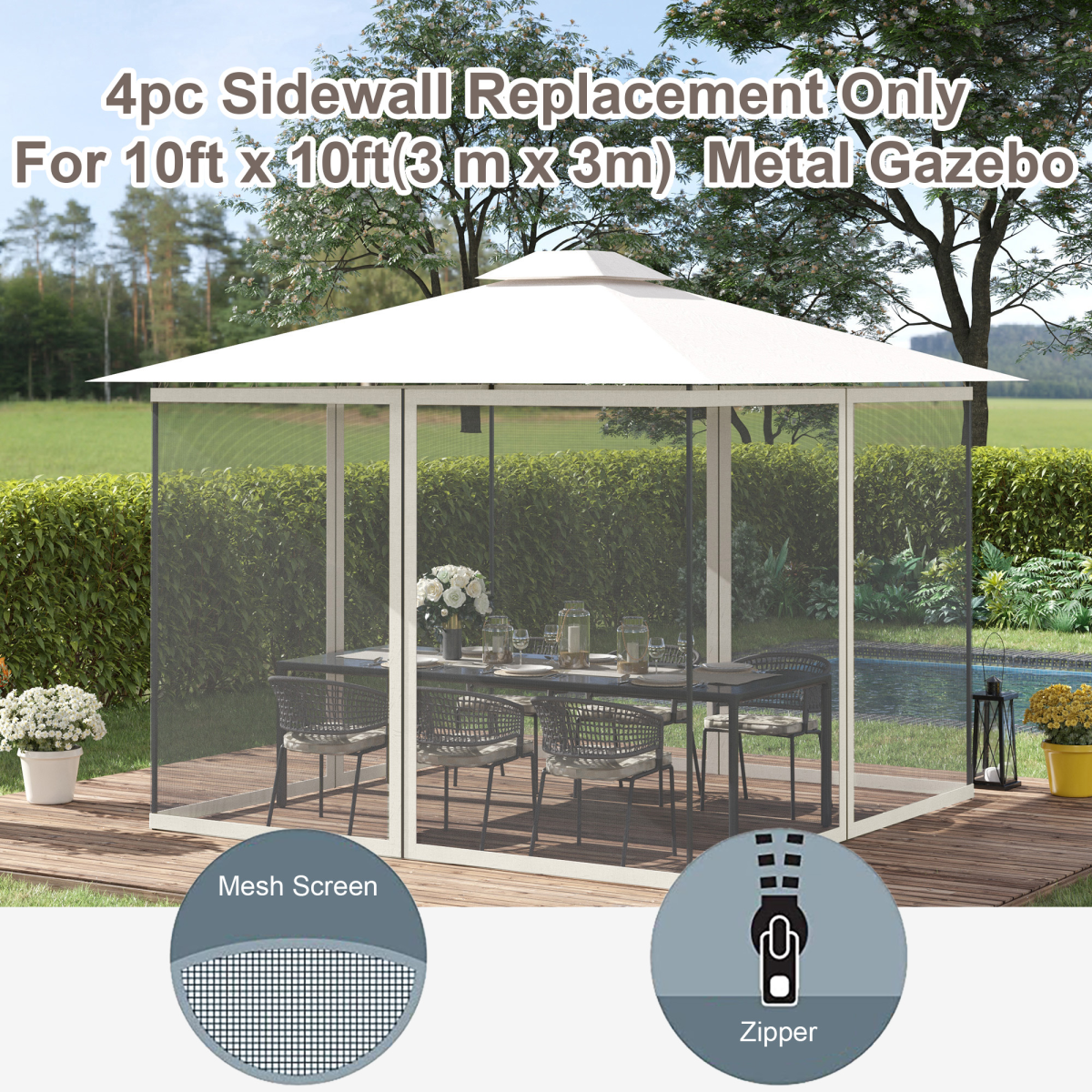 Outsunny Four-Panel Gazebo Replacement Screen with Zip Closure – Polyester Fabric & Nylon Mesh Bug Protection