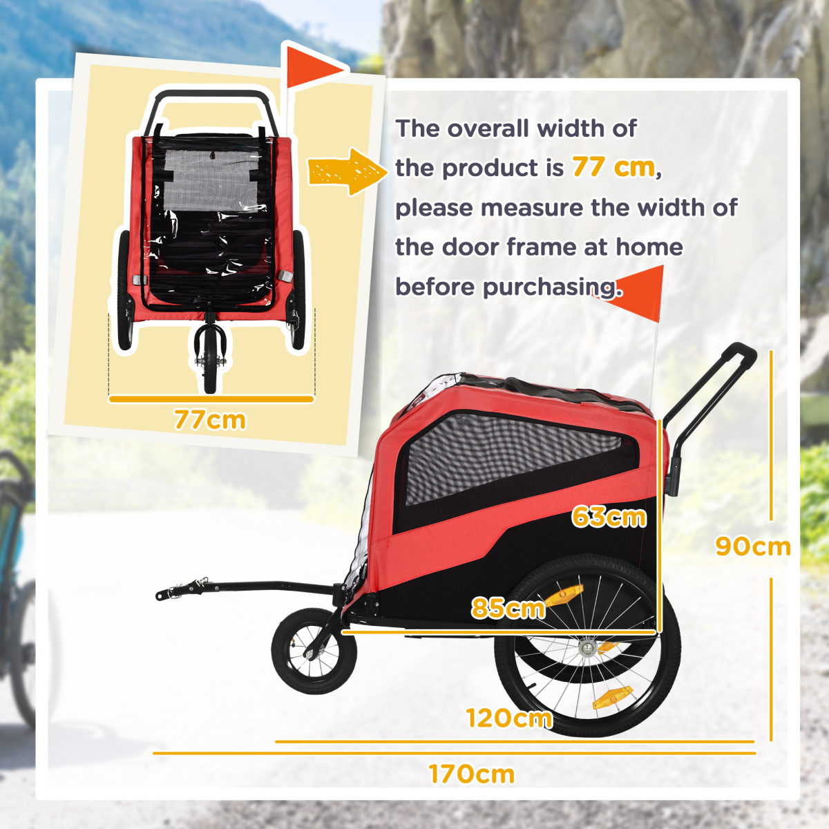 PawHut 2-in-1 Dog Bike Trailer & Pet Stroller for Large Dogs with Hitch, Mesh Windows & Sunroof – Red