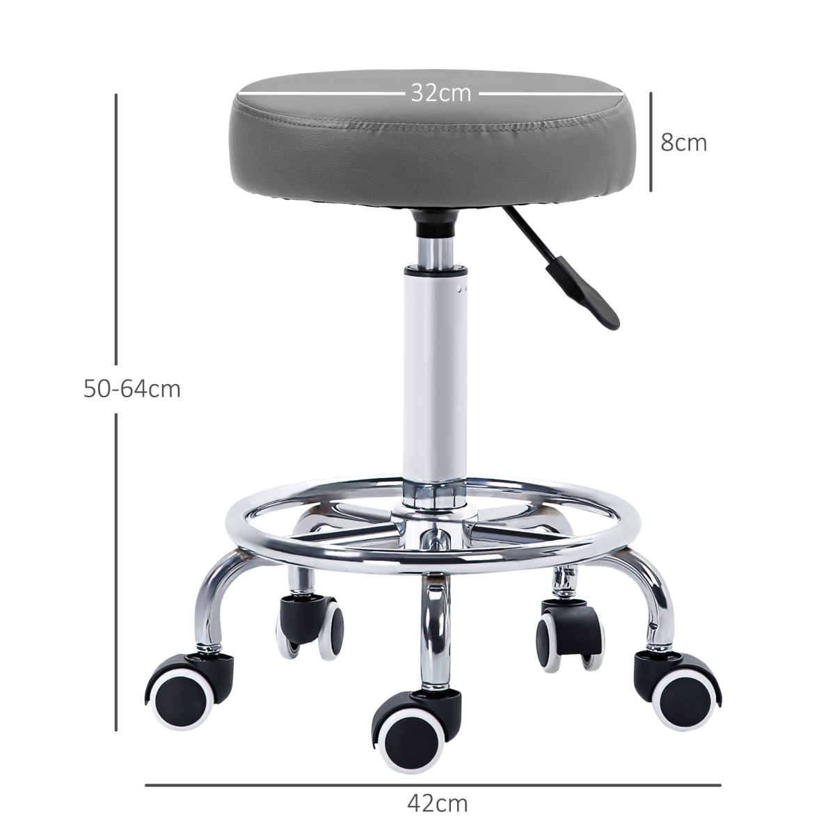 Vinsetto Round PU Leather Salon Stool with Footrest and Adjustable Height – 5 Wheels, Backless Design, Grey