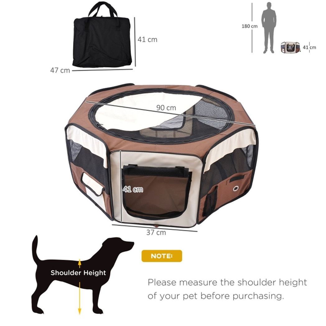 PawHut Foldable Pet Playpen with Waterproof Oxford Cover, Zipped Doors & Carry Bag – Small Pet Enclosure, Brown & Cream