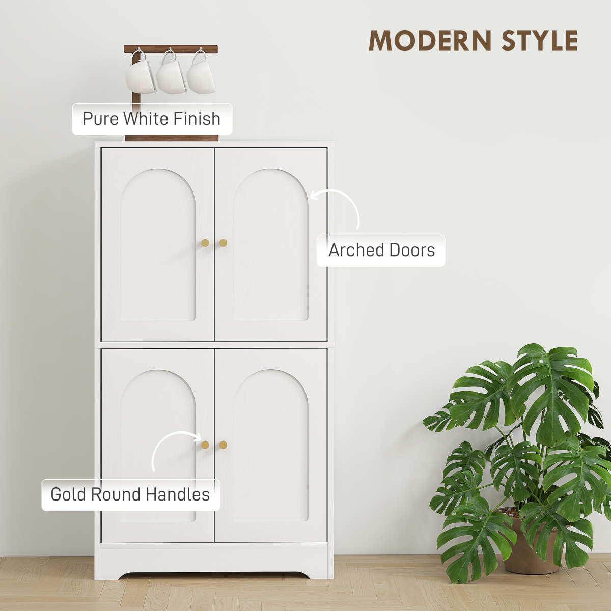 Kitchen Storage Cabinet with Arched Doors & Adjustable Shelves – Freestanding Sideboard Cupboard, White