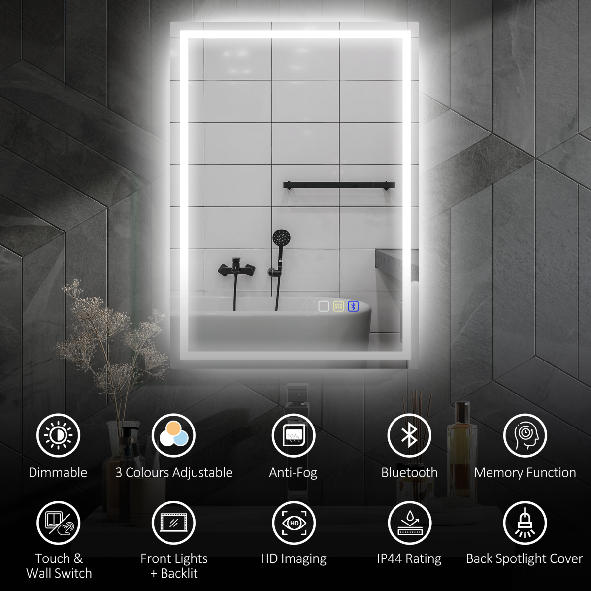HOMCOM 70 x 50cm Bathroom Mirror with Bluetooth Speaker, LED Lights & Demister Pad – IP44, Silver Tone