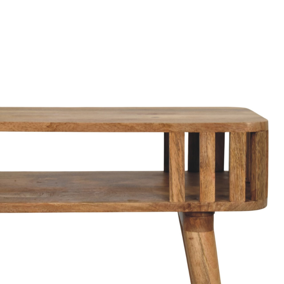 Artisan Furniture Slatted Solid Mango Wood Console Table with Open Shelf & Tapered Legs – Oak-ish Finish, Beige
