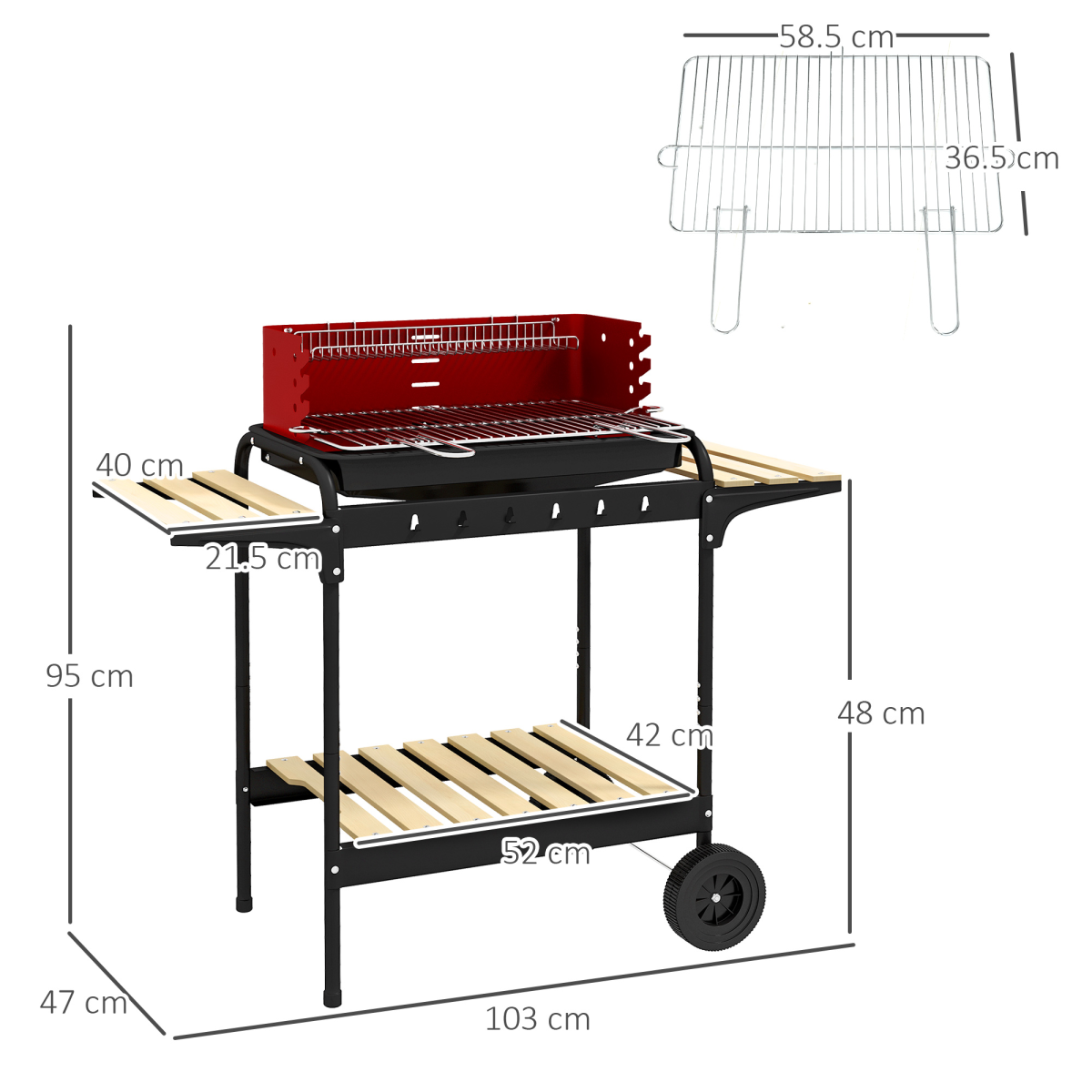 Outsunny Charcoal BBQ Grill Trolley with 5-Level Adjustable Height, Warming Rack, Ash Catcher & Wheels, Red/Black