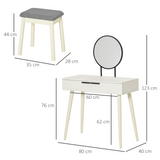 HOMCOM Dressing Table Set with Round Mirror, 2 Drawers and Cushioned Stool – Makeup Vanity Desk, White