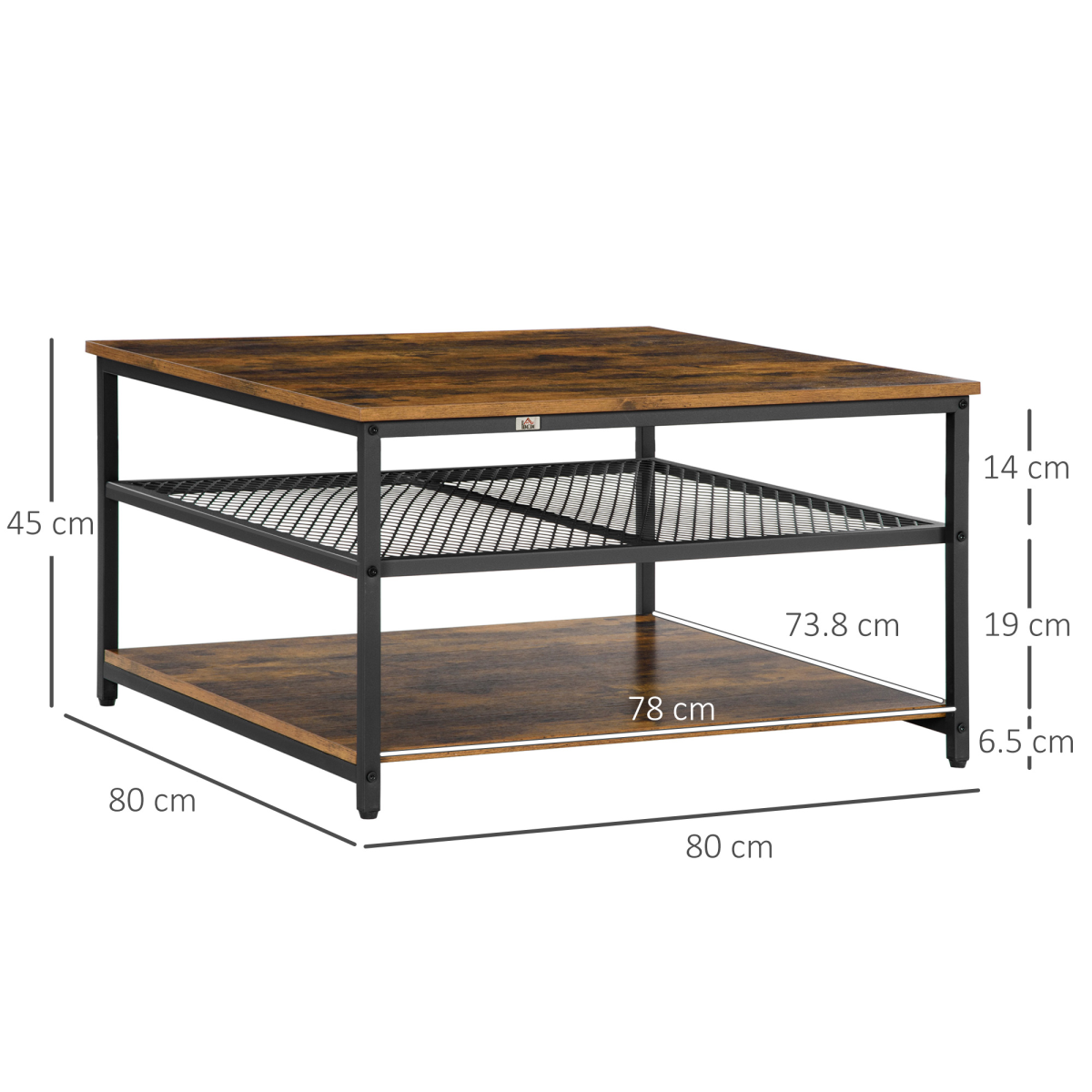 HOMCOM Industrial Coffee Table with 2 Storage Shelves – 3-Tier Living Room Cocktail Table, Rustic Brown