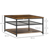 HOMCOM Industrial Coffee Table with 2 Storage Shelves – 3-Tier Living Room Cocktail Table, Rustic Brown