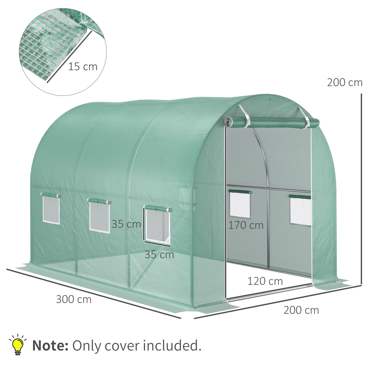 Outsunny 10 x 7ft Greenhouse Replacement Cover with Roll-Up Door & 6 Windows – Tunnel Greenhouse Cover