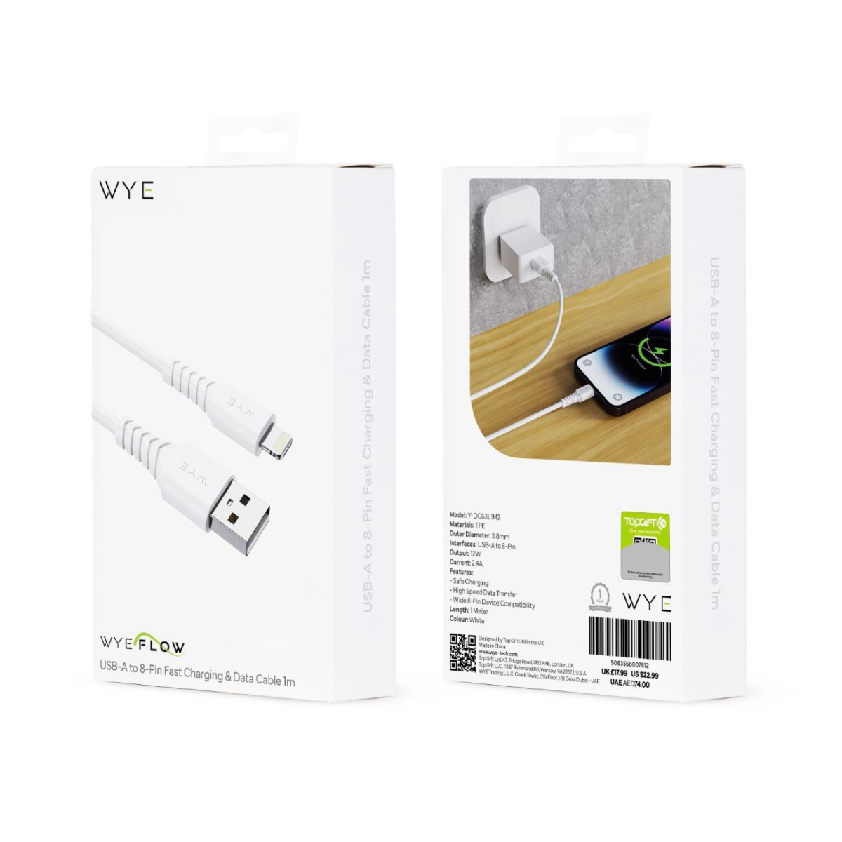 WYE USB-A to 8-Pin Fast Charging & Data Cable, 1m – 12W Charging Lead with High-Speed Data Transfer, White