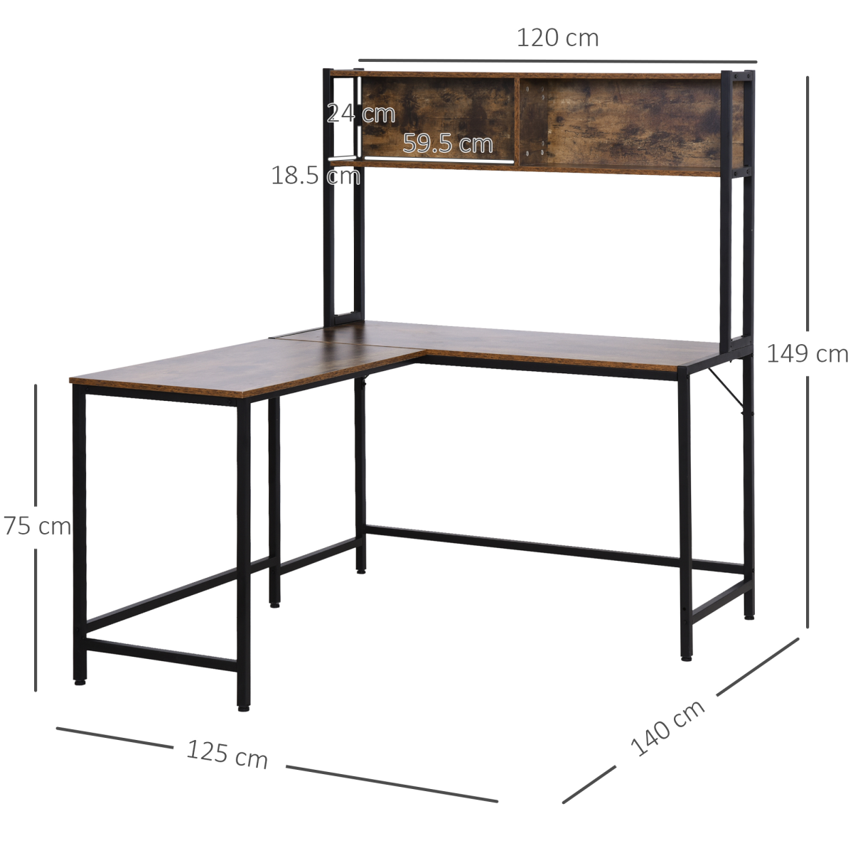 HOMCOM Industrial L-Shaped Desk with Upper Shelf, 149 x 140cm – Corner Home Office Workstation, Brown & Black