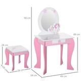 HOMCOM Kids Dressing Table with Mirror and Stool – Unicorn Vanity Set for Girls Aged 3-6, Pink and White