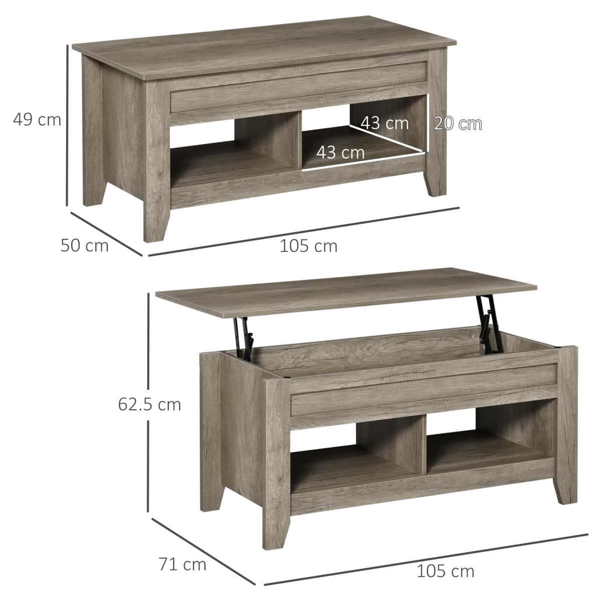 HOMCOM Lift-Top Coffee Table with Hidden Storage & Open Shelves – Sofa Dining and Laptop Table, Oak