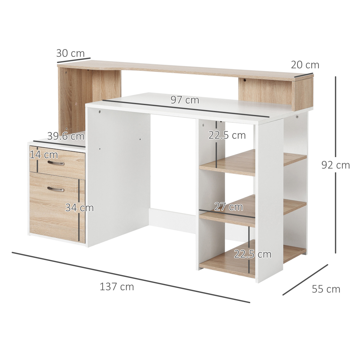 HOMCOM Multi-Storage Computer Workstation with Shelves, 2 Drawers & Printer Space – Home Office Desk, Oak