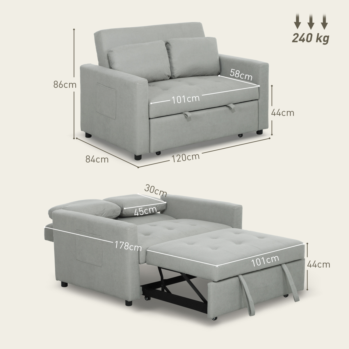 HOMCOM Click-Clack 2 Seater Sofa Bed with Cushions & Side Pockets – Space-Saving Guest Bed, Grey