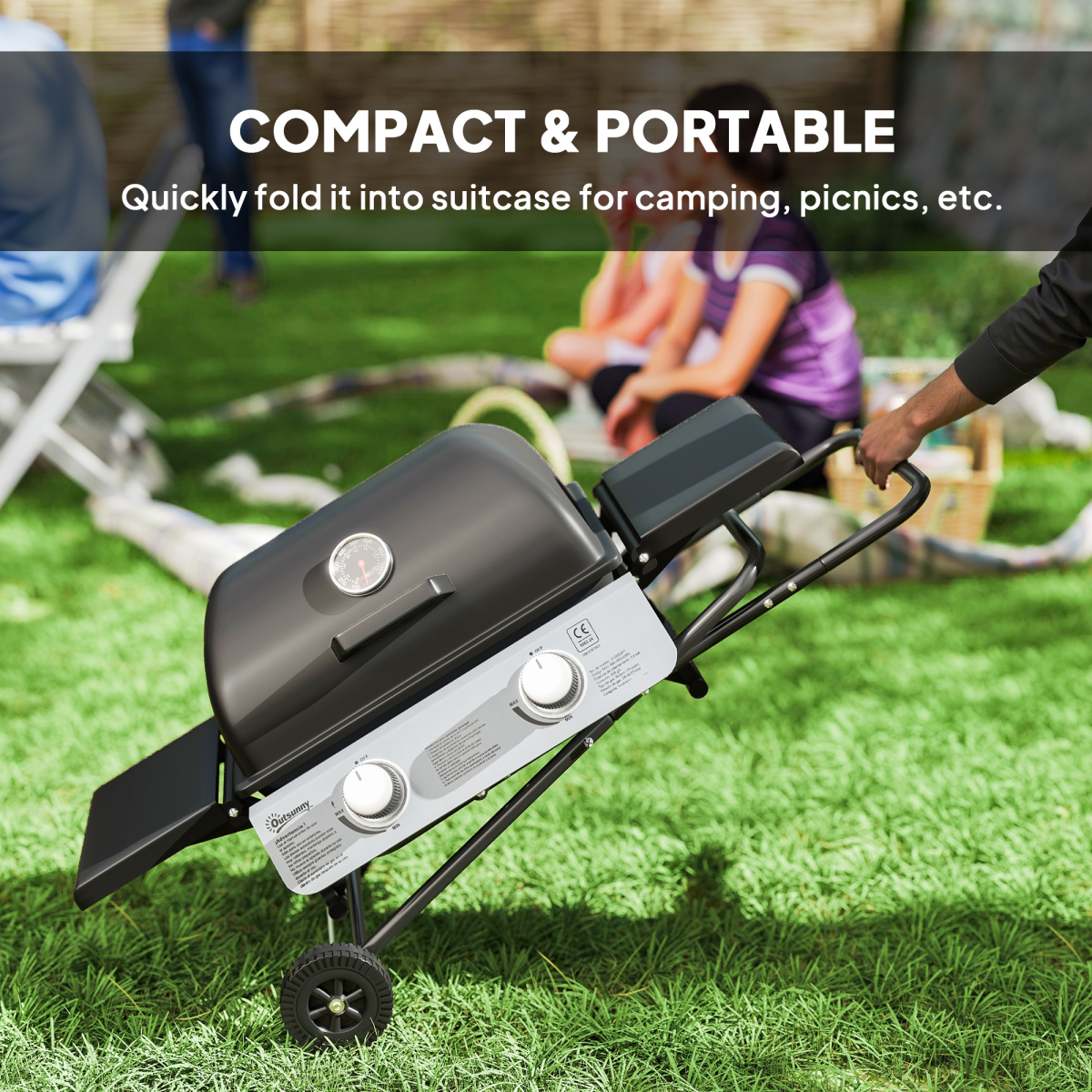 Outsunny Portable Foldable Gas Barbecue Grill with Lid and Thermometer, Two Burners – Suitcase BBQ, Black