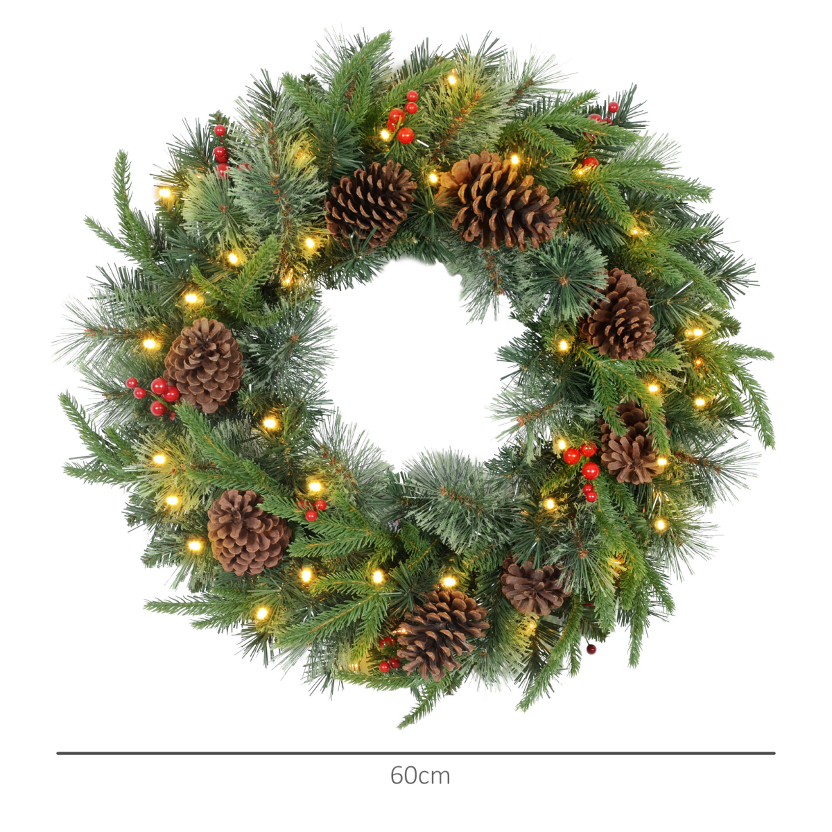 HOMCOM 60cm Christmas Wreath with 50 Warm White LED Lights, Pine Cones & Red Berries – Door Decoration, Green