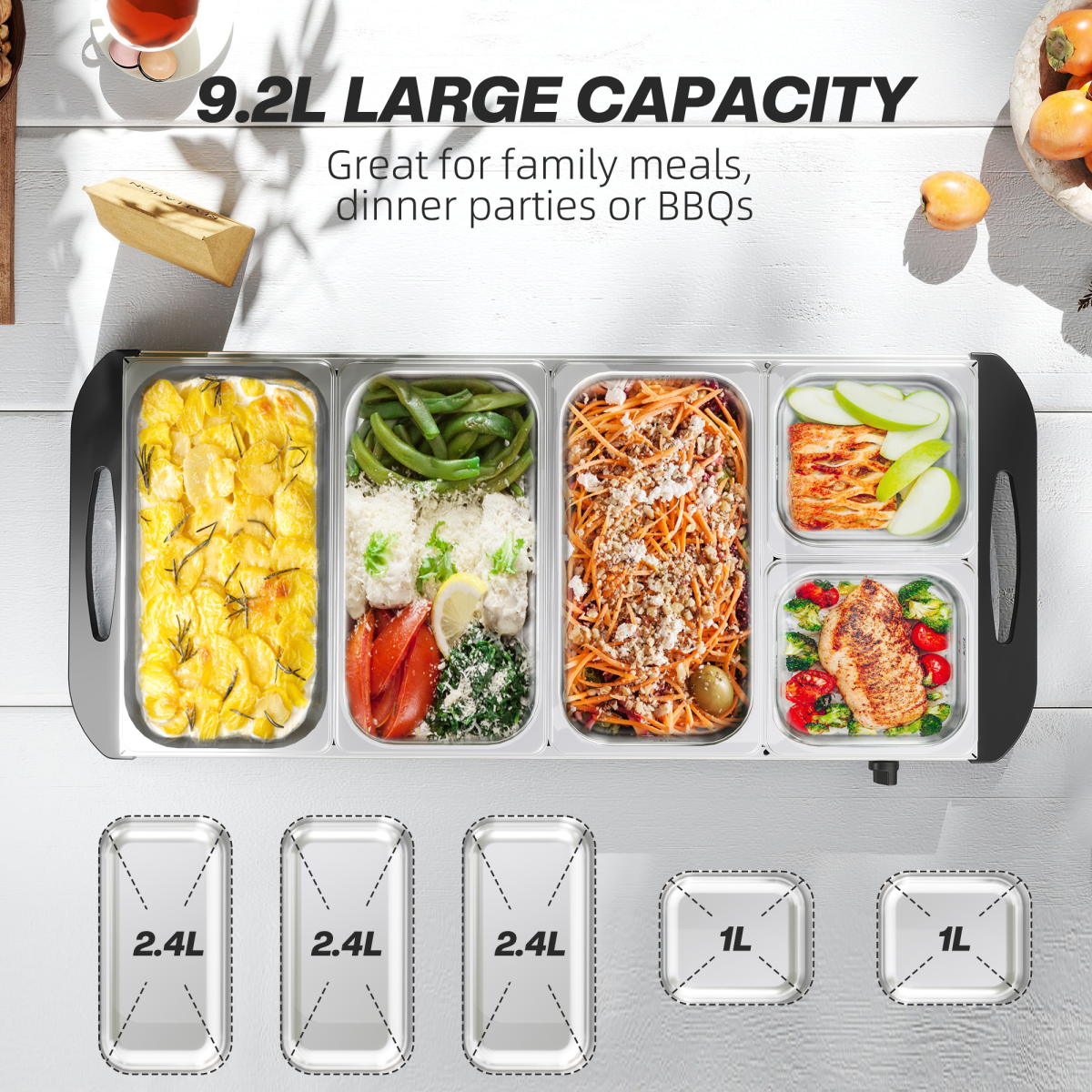 HOMCOM Electric Food Warmer with 5 Trays and Lids, 9.2L Buffet Server – Adjustable 58-85°C, Silver