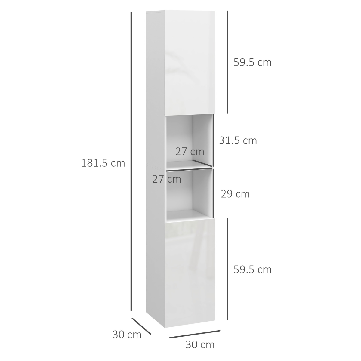 kleankin High Gloss Tall Bathroom Storage Cabinet with Two Cupboards and Adjustable Shelves, White
