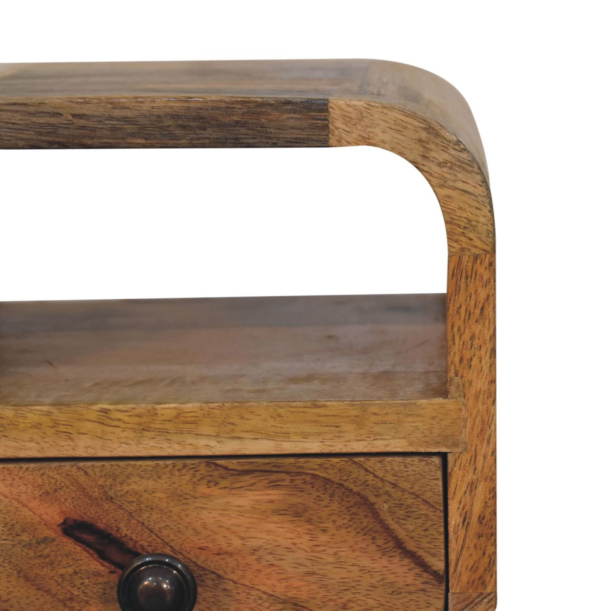 Artisan Furniture Solid Wood Extra Mini Curve Bedside Table, 1 Drawer and Open Slot – Compact Storage, Brown