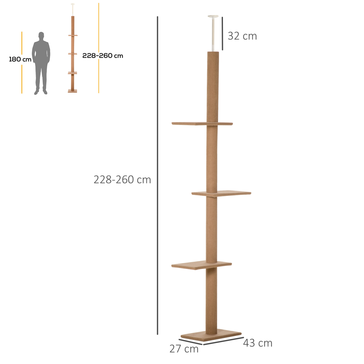 PAWHUT 260cm Floor-to-Ceiling Cat Tree with Four Platforms & Adjustable Height – Indoor Climbing Tower, Brown
