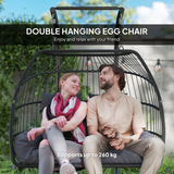 Outsunny Rattan Double Hanging Egg Chair with Stand and Cushion – Foldable Garden Swing Seat, Dark Grey
