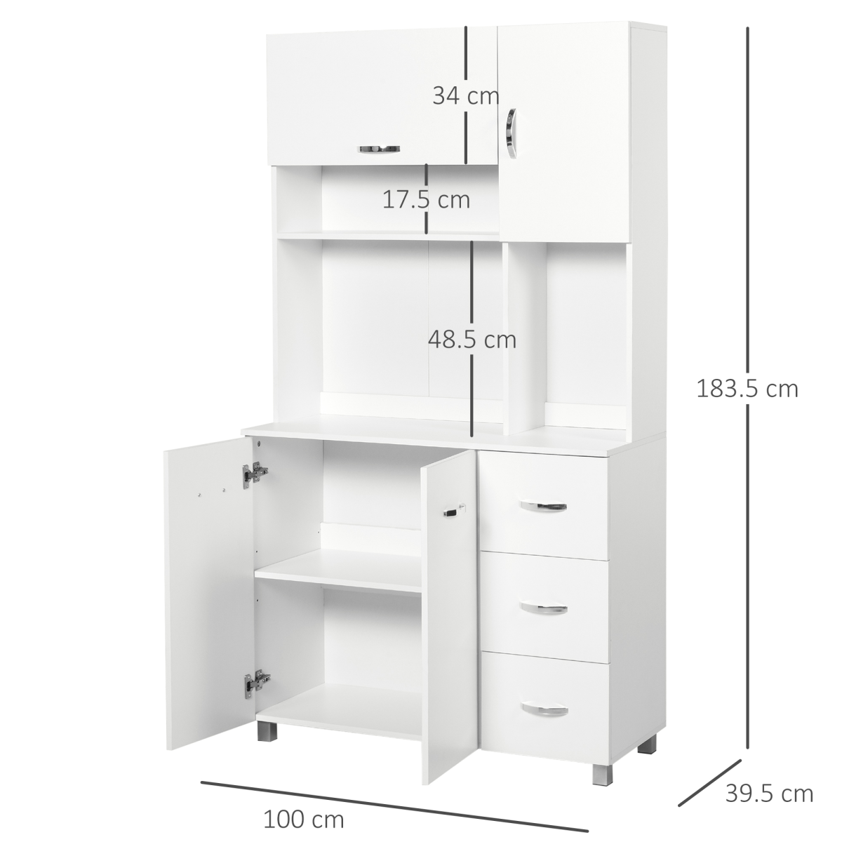 Freestanding Kitchen Storage Cabinet with Cupboards, Drawers & Open Shelf – Versatile Kitchen Unit, White