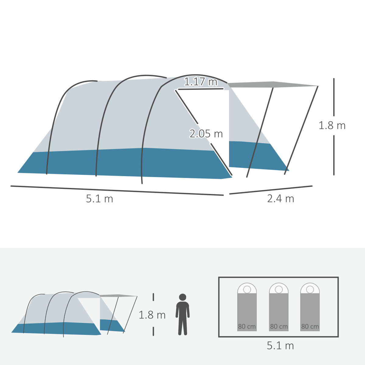 Outsunny 6-8 Person Tunnel Tent with Two Rooms, 3 Doors & Carry Bag – Waterproof Family Camping Tent, Blue