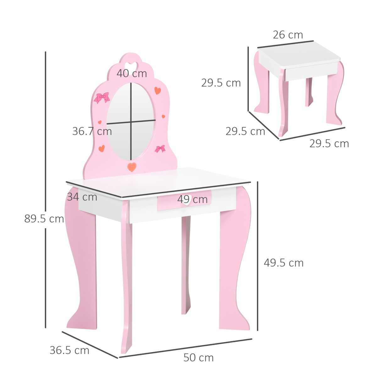 ZONEKIZ Kids Vanity Set with Mirror, Drawer, Cute Patterns, for Girls – Pink