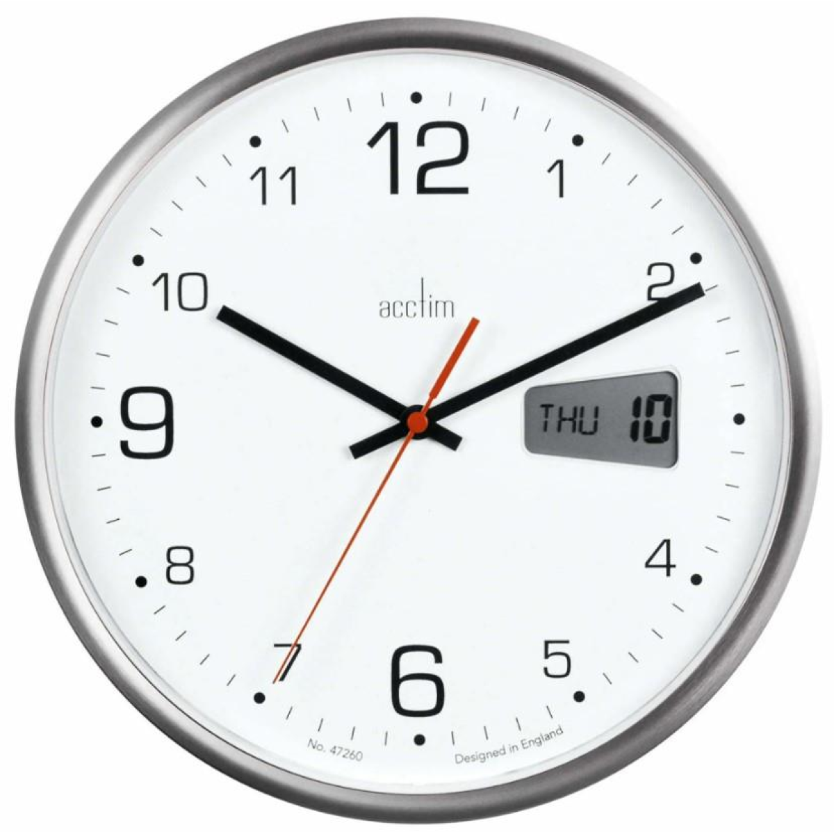 Acctim Kalendar Wall Clock with Digital Date and Day Display, 27cm Silver Frame – Silent Sweep Movement