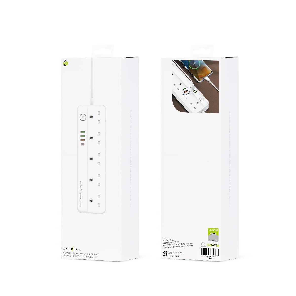 WYEFLUX Extension Socket with 10A Outlets and USB PD & QC3.0 Charging Ports – 2500W Max Power Strip