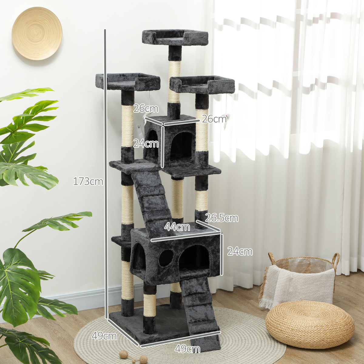 PawHut Tall Cat Tree Activity Centre with Condos, Perches, Sisal Scratching Post and Dangling Toys, 170 cm, Grey