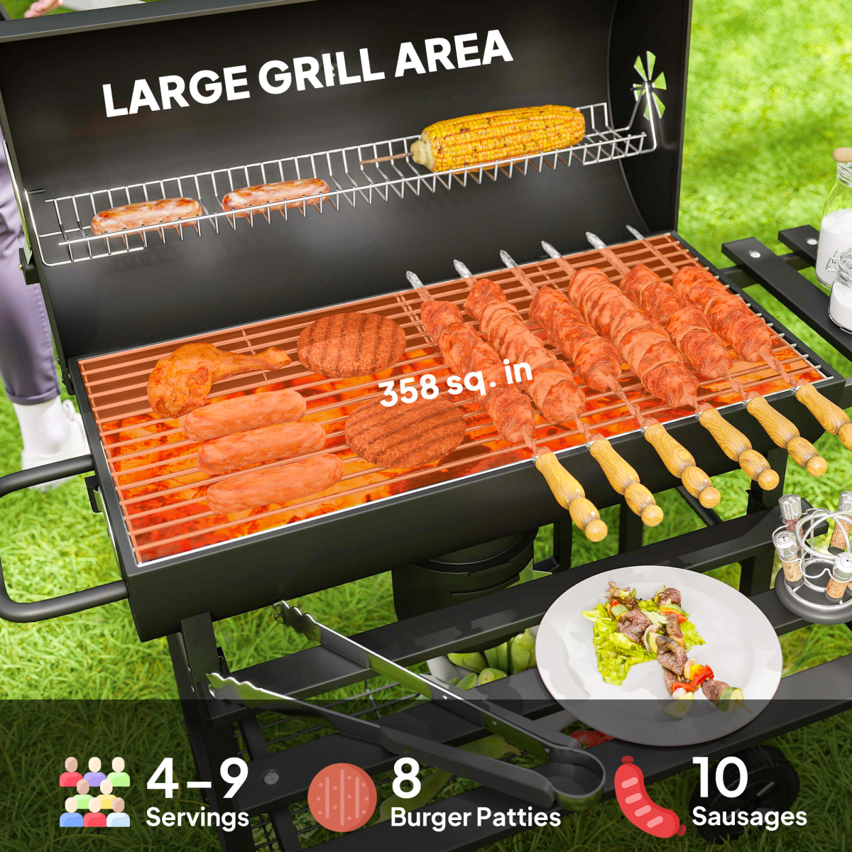 Outsunny Charcoal BBQ Grill with Warming Rack, Thermometer and Foldable Side Tables on Wheels – Garden Barbecue, Black
