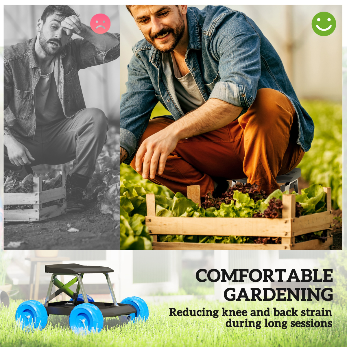 Outsunny Garden Cart with Seat, Tool Tray and Wheels – Comfortable Kneeler for Weeding and Planting, Blue