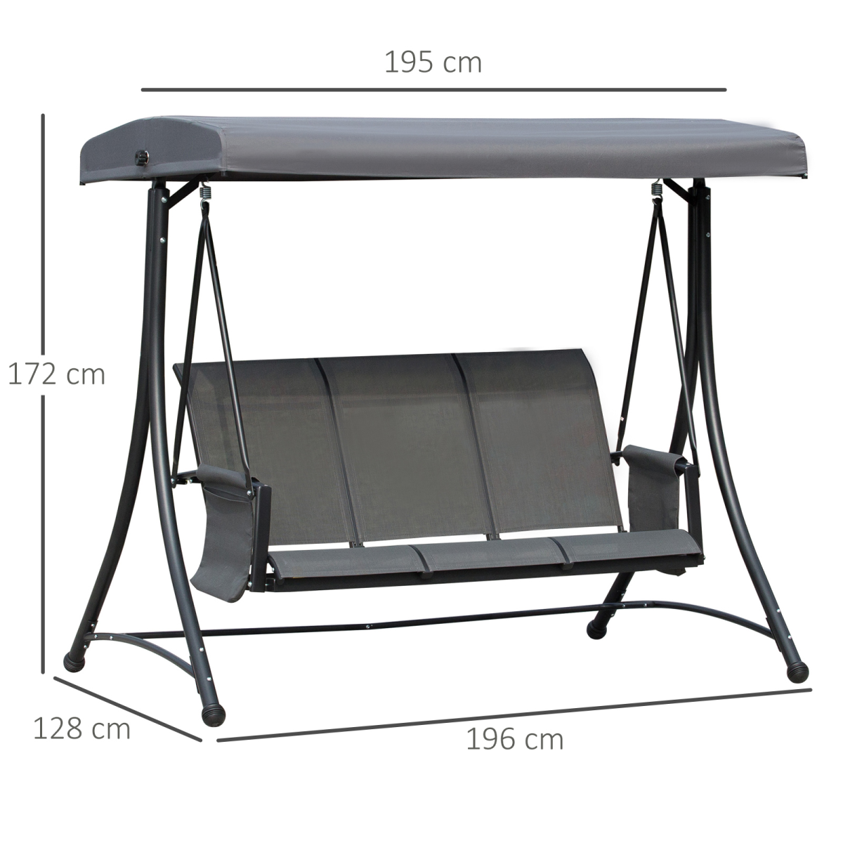 Outsunny 3-Seat Metal Patio Swing Chair with Adjustable Canopy & Side Pocket – Garden Swing Seat