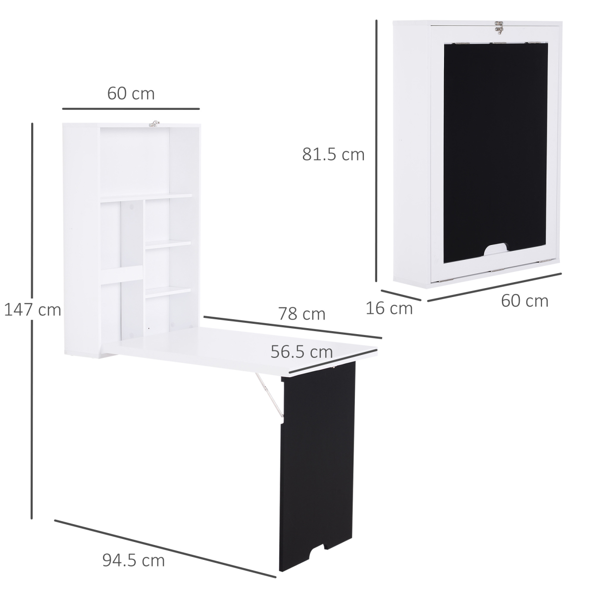HOMCOM Wall-Mounted Folding Drop-Leaf Table with Chalkboard Surface & Storage Shelf – White