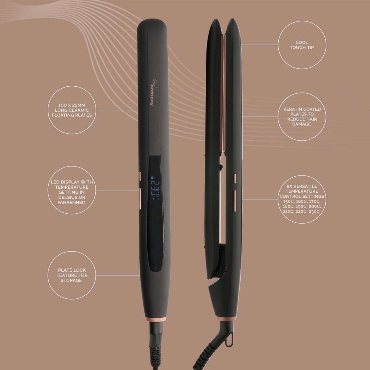 Paul Anthony StylePro Ceramic Hair Straightener with Keratin – 9 Heat Settings, LED Display, 360 Swivel Cord