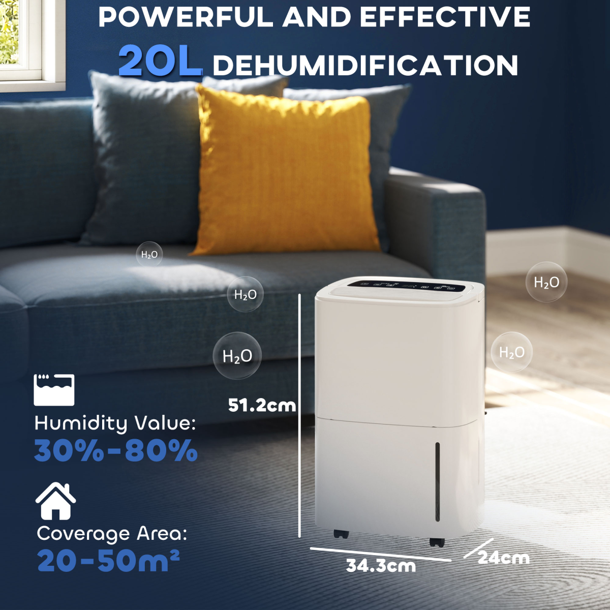 HOMCOM 20L/Day Dehumidifier with Continuous Drainage, 5L Tank, LED Display & Timer – Basements & Laundry Rooms