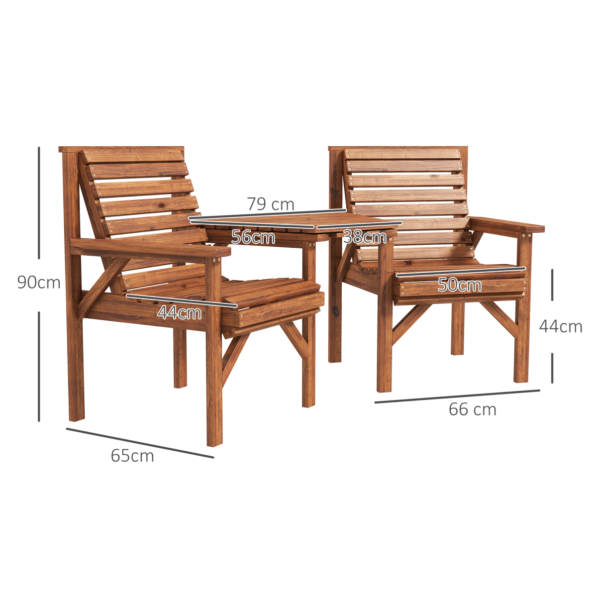 Outsunny Wooden Garden Love Seat Bench with Coffee Table & Parasol Hole – 2 Seater Fir Wood, Tan Brown