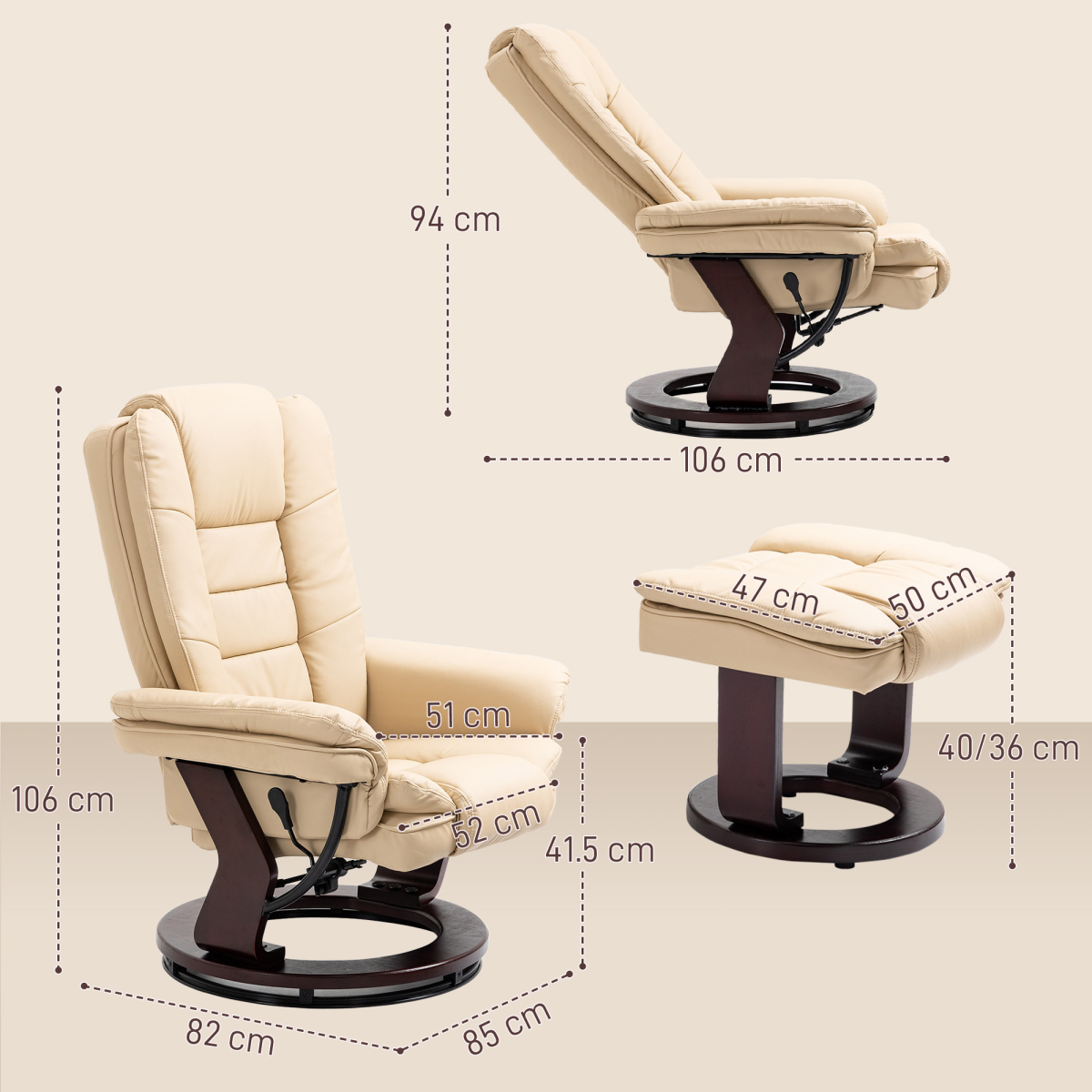HOMCOM Swivel Manual Recliner Chair with Footrest Set – PU Leather Lounge Armchair, Beige