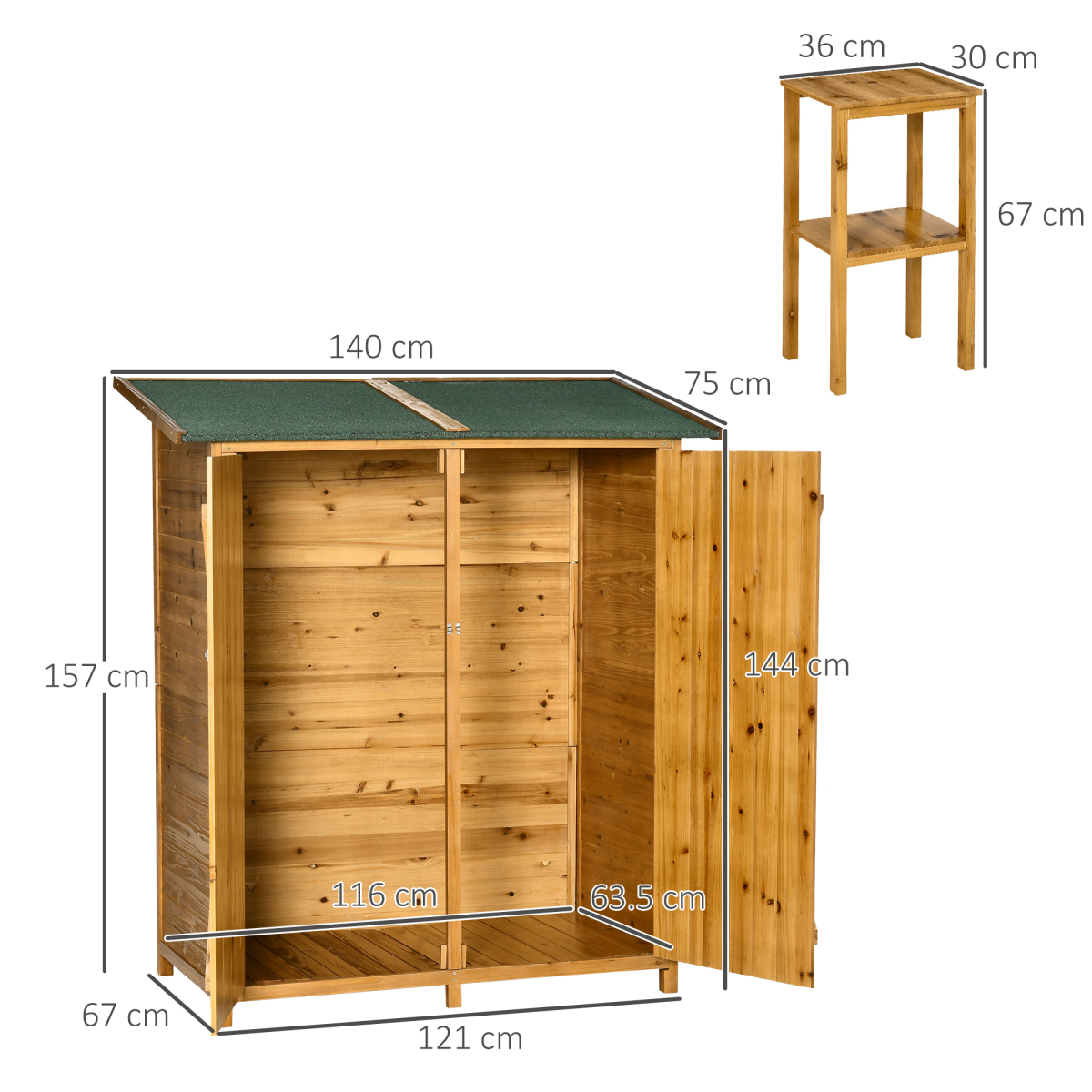 Outsunny Garden Storage Shed Tool Organiser with Removable Table and Lockable Door – 140 x 75 x 157 cm