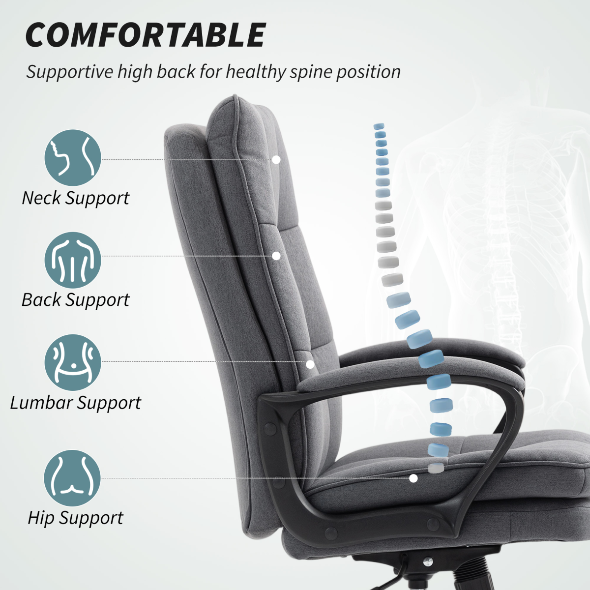 HOMCOM Linen Fabric Swivel Office Chair with Double Padding & Adjustable Tilt – Charcoal Grey