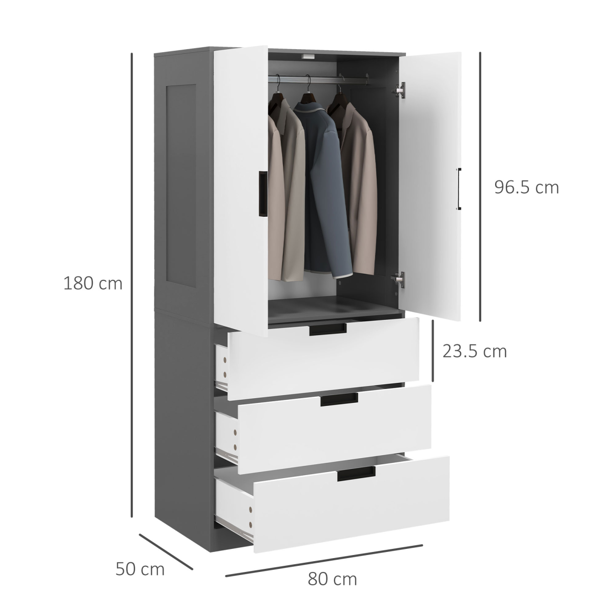 HOMCOM 2-Door Wardrobe with 3 Drawers & Hanging Rail – Bedroom Storage, White & Grey