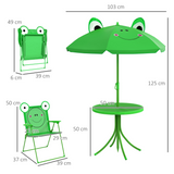 Kids Foldable Picnic Table Set with 2 Chairs & Frog Parasol, 4-Piece – Garden Furniture for Ages 3–5, Green