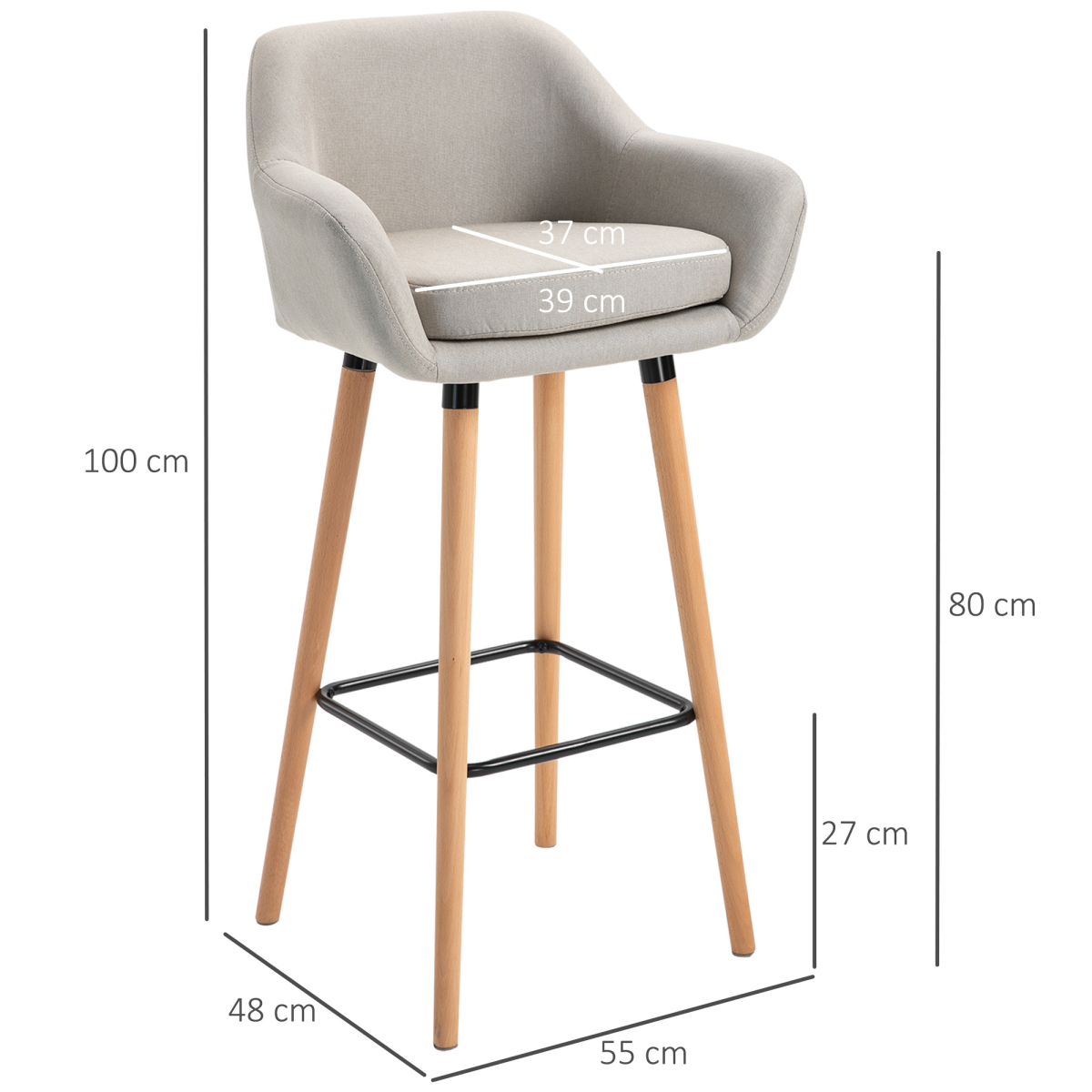 HOMCOM Modern Fabric Bucket Seat Bar Stools with Solid Wood Legs & Footrest – Breakfast Bar Seating, Beige