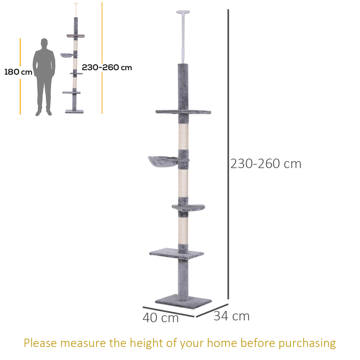 PawHut 5-Tier Cat Tree with Scratching Post, Floor to Ceiling Adjustable 230–260cm – Kitten Climbing Tower