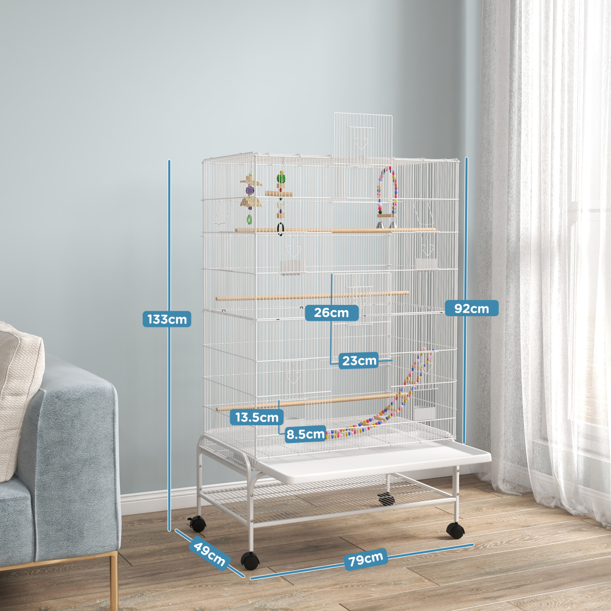 PawHut Rolling Bird Cage with Stand – Steel, Toys, Perches and Wheels, 79 x 49 x 133cm, White